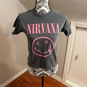 NWOT Nirvana Smiley Face Women’s Baby Tee Size Small Band Tee Grunge Punk Rock